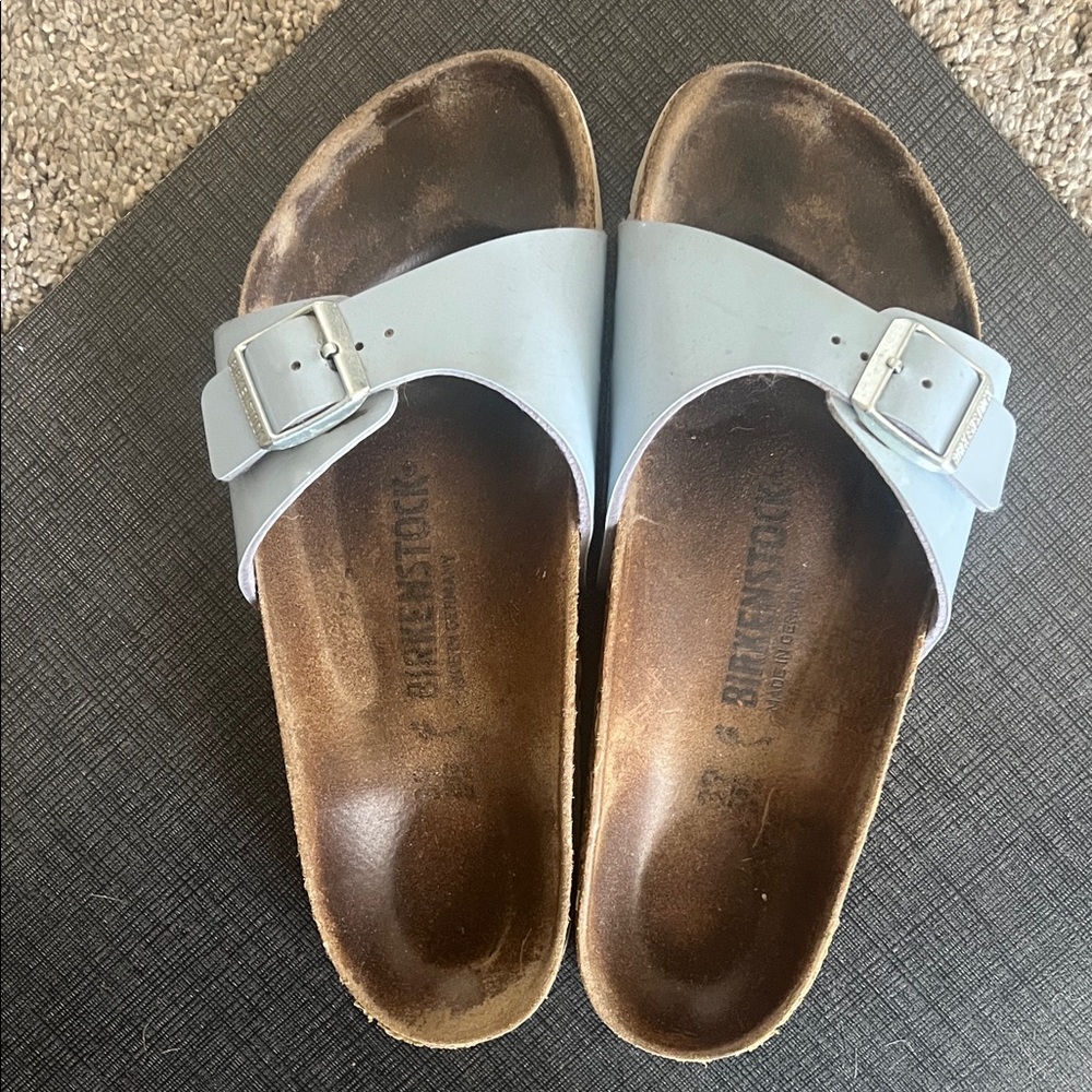 Birkenstock Madrid Patent Light Blue Buckle Slides 39
